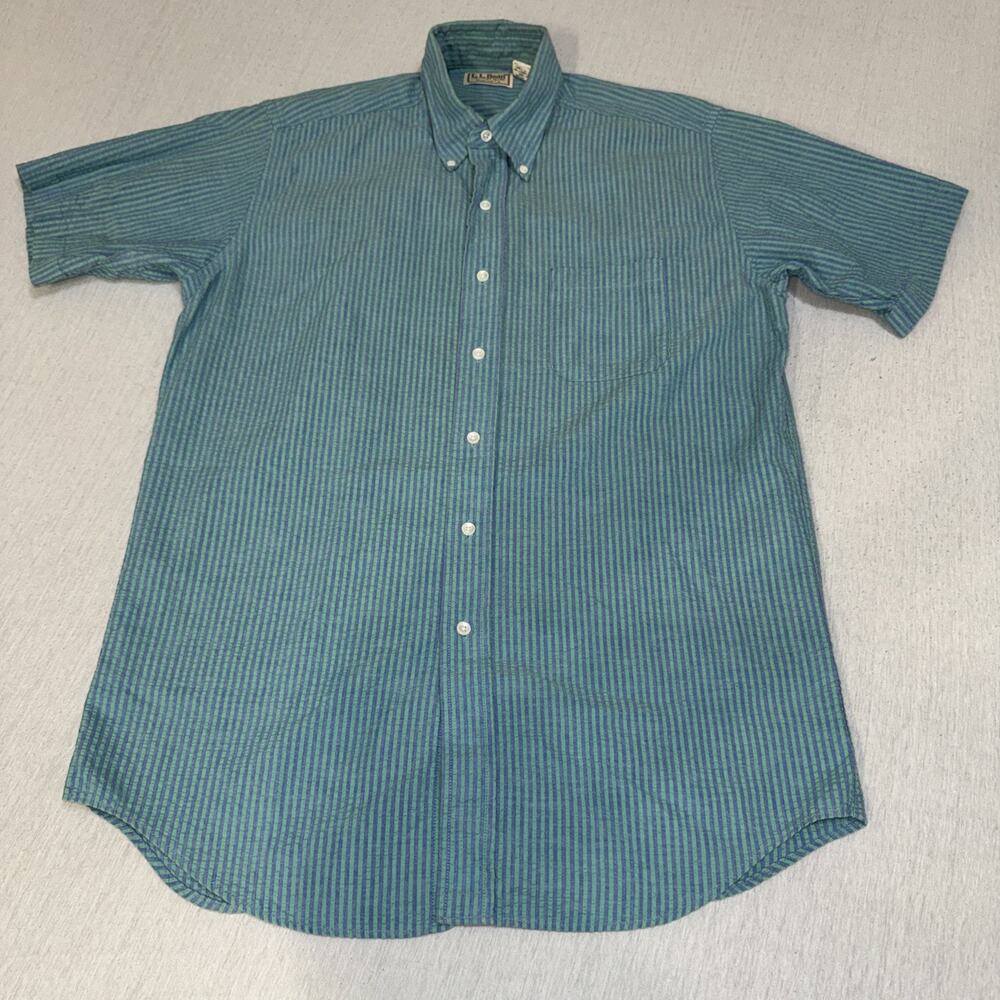 LL Bean Mens Seersucker Button Down Shirt Short Sleeve Teal Green Striped Medium